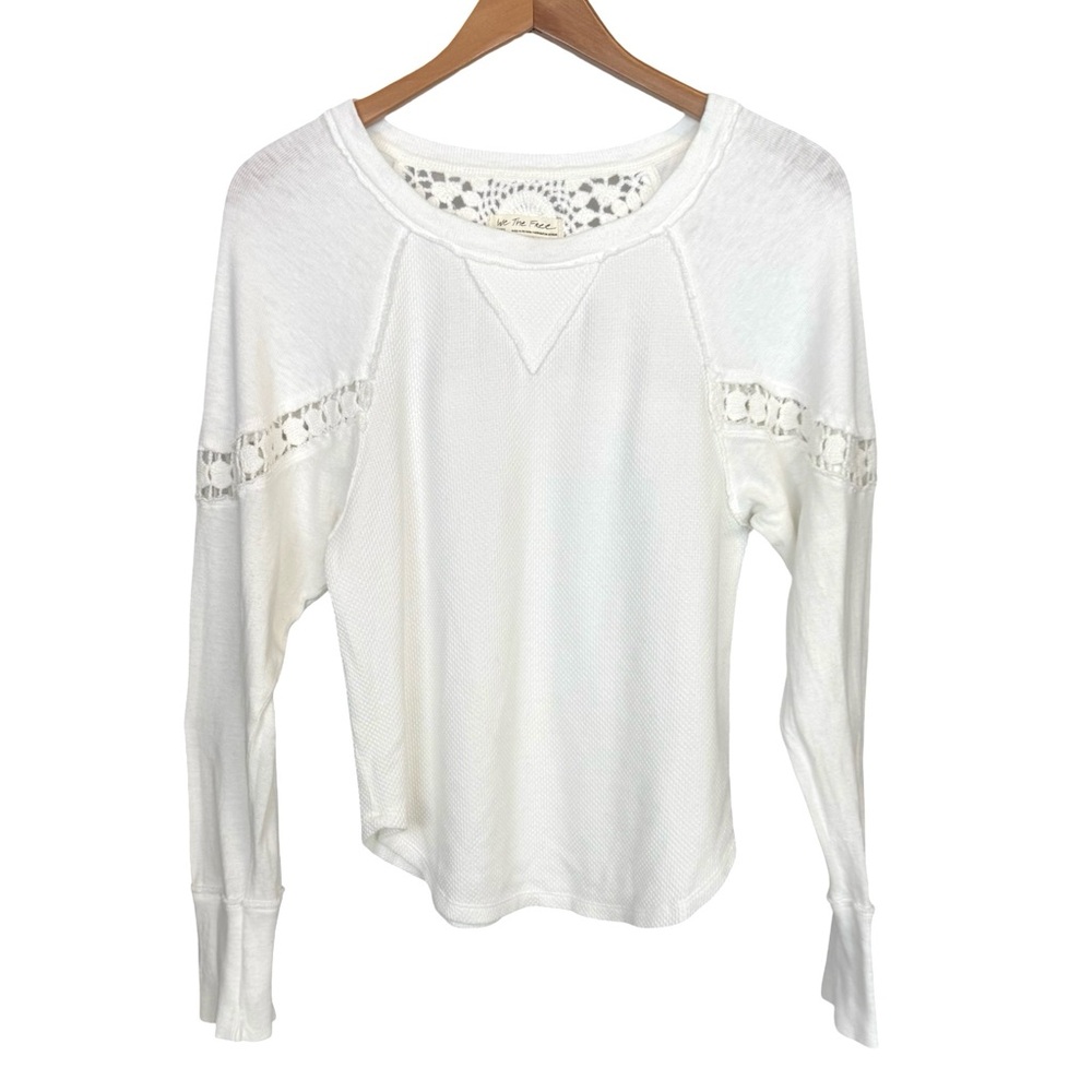 We The Free Luella Textured Waffle Knit Thermal White Crochet Top Shirt Ivory - Picture 3 of 12